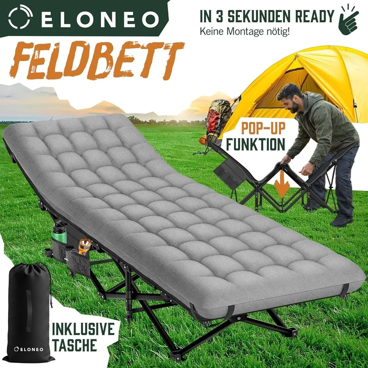 ELONEO Feldbett klappbar mit Premium Auflage, Campingliege bis 200kg belastbar, Grau – Bild 2