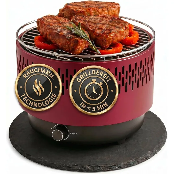 SOUK ONE Tischgrill mit Aktivbelüftung, Holzkohlegrill Grill mit Lüfter, Campinggrill BBQ Outdoor (Rot)