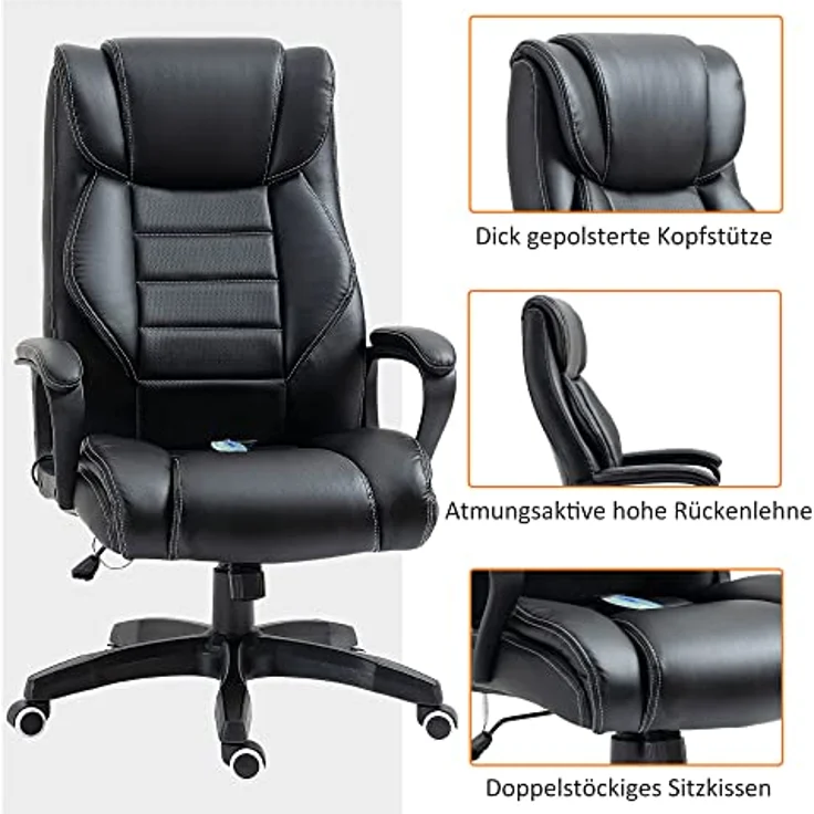 Vinsetto Massage-Bürostuhl, Schwarz, mit 4 Rücken- und 2 Sitzmassagepunkten, höhenverstellbar, Drehstuhl, 78x120x66 cm – Bild 6