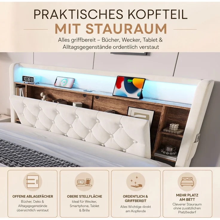 TavilaEcon Boxspringbett Samtbett, Polsterbett mit LED-Beleuchtung & USB-Ladefunktion beige Liegefläche 180 × 200 cm – Bild 6
