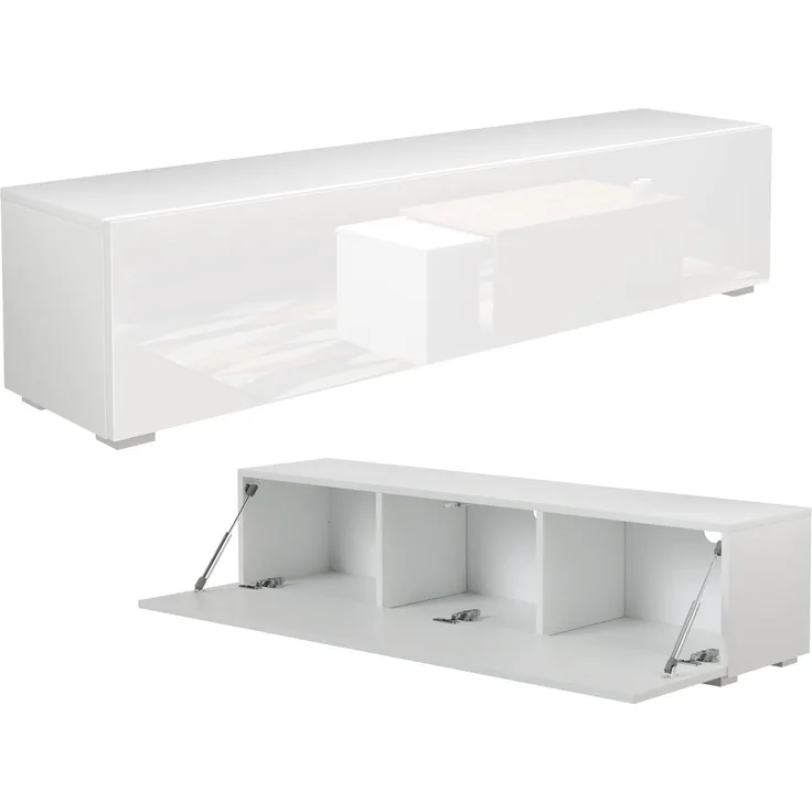 PLATAN ROOM Fernsehschrank TV-Lowboard 105/140 / 160/210 / 280 In Weiß Hängend Oder Stehend Hochglanz Matt (140 x 30 x 32, Weiß Matt/Weiß Hochglanz)
