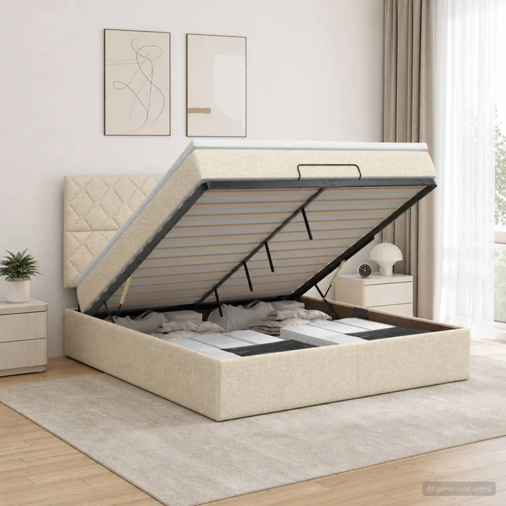 vidaXL Ottoman-Bett mit Matratze und LED Creme 160 x 200 cm Stoff 3458171 – Bild 4