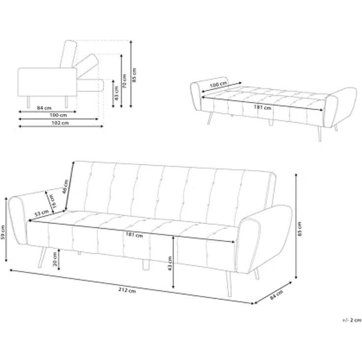 beliani 'SELNES' Schlafsofa, 3-Sitzer, Samtstoff, Smaragdgrün, 85 x 84 x 212 cm – Bild 3