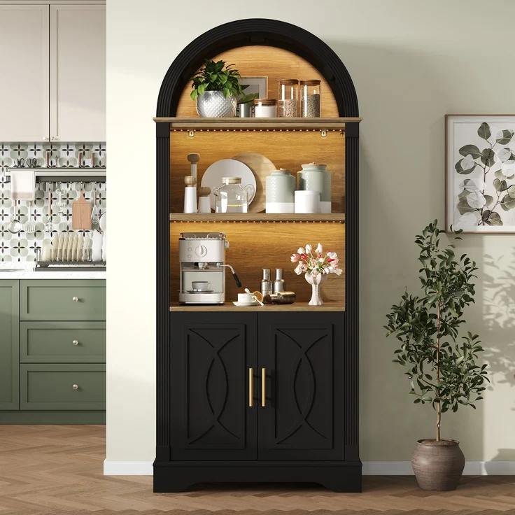 Highboard mit verstellbarer Regalböde und LED-Beleuchtung, Küchenschrank mit großem Stauraum, Ideal für Esszimmer, Wohnzimmer und Küche (Schwarz)--Schwarz--76.2x40x180cm--YOUDENOVA – Bild 2