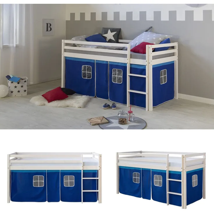 Hochbett Spielbett Kinderbett Leiter Kiefer Vorhang blau 90x200 Jugendbett