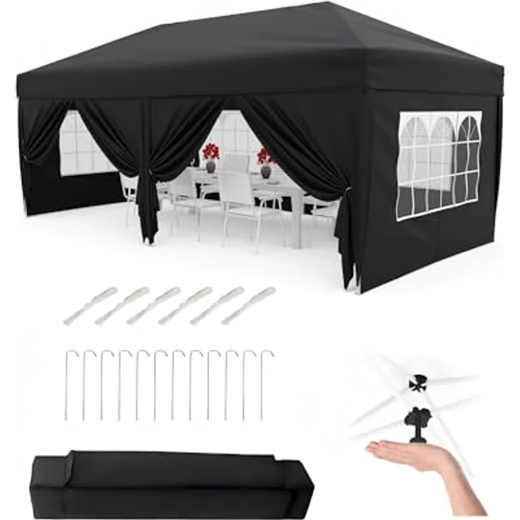 Faltpavillon 3x6 m wasserdicht stabil mit 6 Seitenwänden – Pop up Pavillon faltbar aus 420D Oxford, UV-Schutz 50+, 3-Fach höhenverstellbar, Partyzelt mit Tragetasche für Garten & Outdoor Schwarz – Bild 2