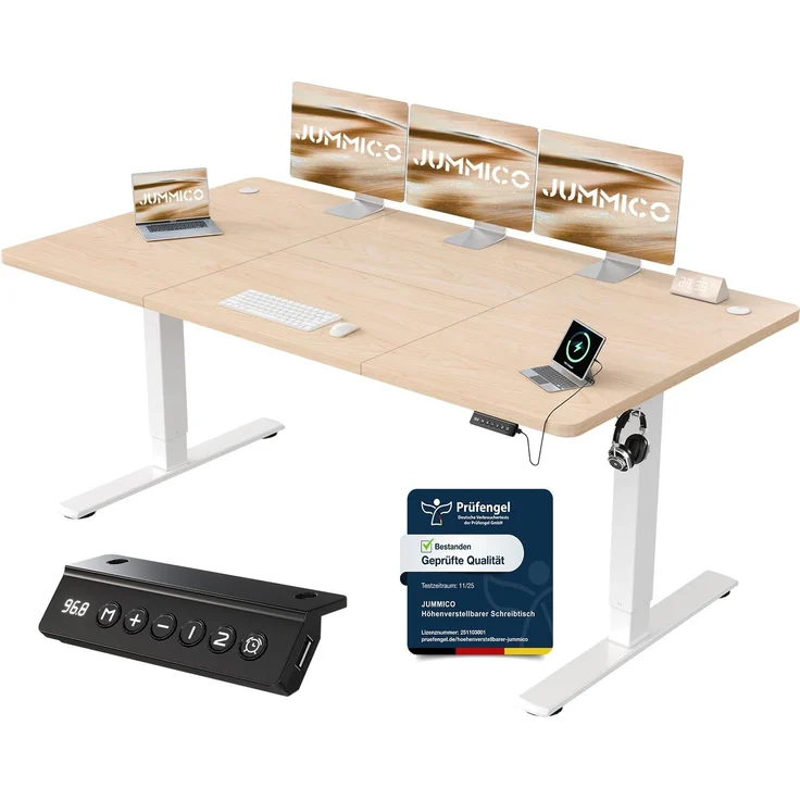 JUMMICO Schreibtisch elektrisch höhenverstellbar mit USB-Ladeanschluss, Beige, 180x80 cm