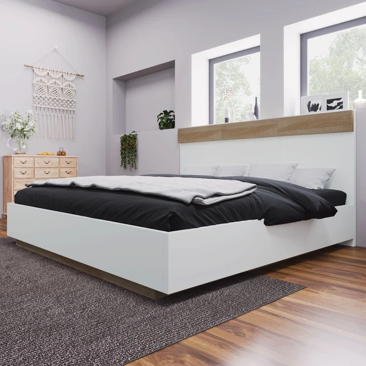 Schwebebett 140x200 cm, Doppelbett in Eiche & Weiß mit Wildeiche Kopfteil,komfortable Liegehöhe – Bild 4