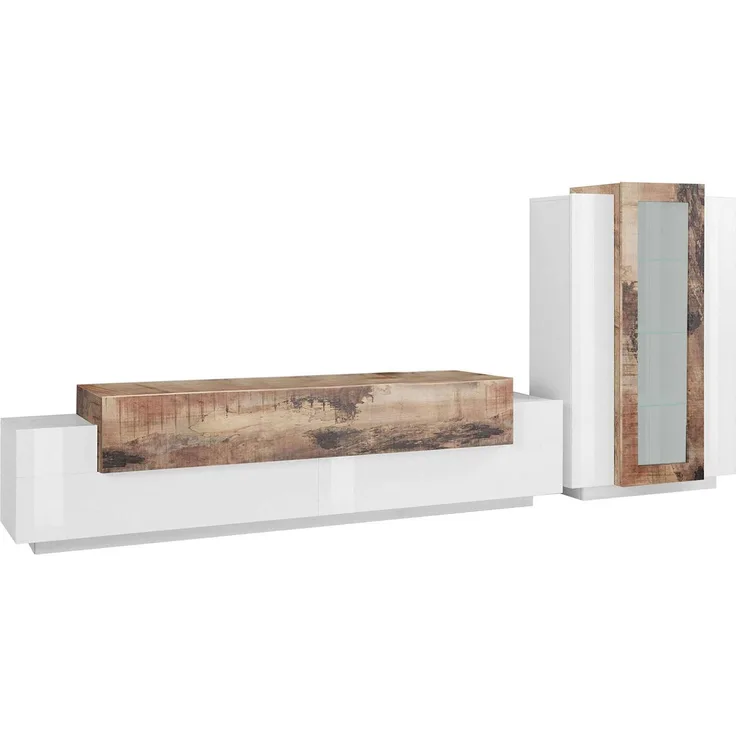 Dmora Ausgestattete Wand Anisia, TV-Ständer-Wohnzimmerset, Mehrzweck-Wohnzimmermöbel, 100 % Made in Italy, 280 x 45 x 121 cm, glänzendes Weiß und Ahorn,