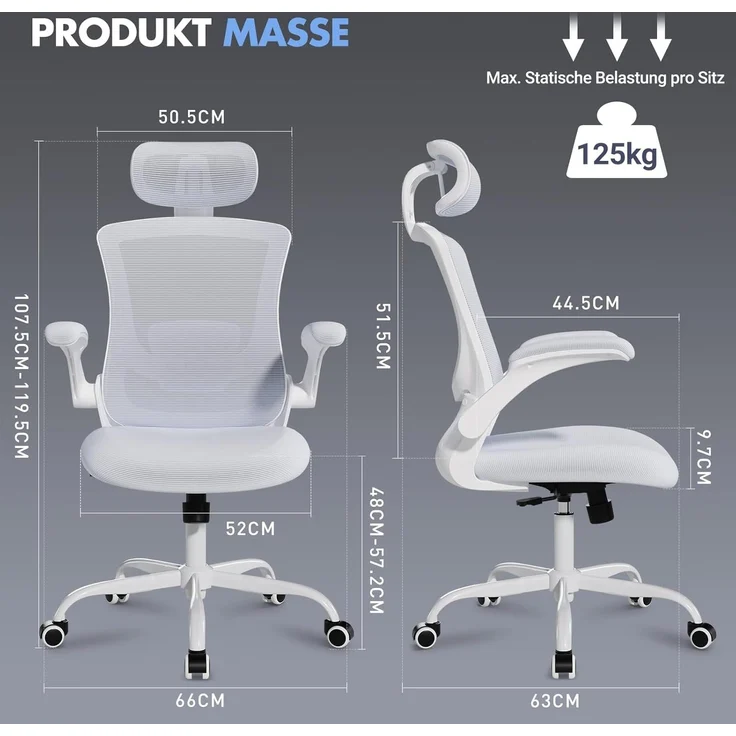COLAMY Bürostuhl Ergonomisch, Netz-Schreibtischstuhl mit Verstellbarer Kopfstütze, Chefsessel Office Chair mit Lendenwirbelstütze, Verstellbarer Neigungsverschluss Drehstuhl, Weiß – Bild 3