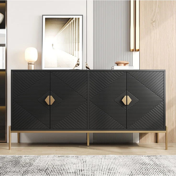 DESVIAE Sideboard mit 4 Türen und geometrischem Muster 162x80x40 cm MDF/Spanplatte Schwarz – Bild 6