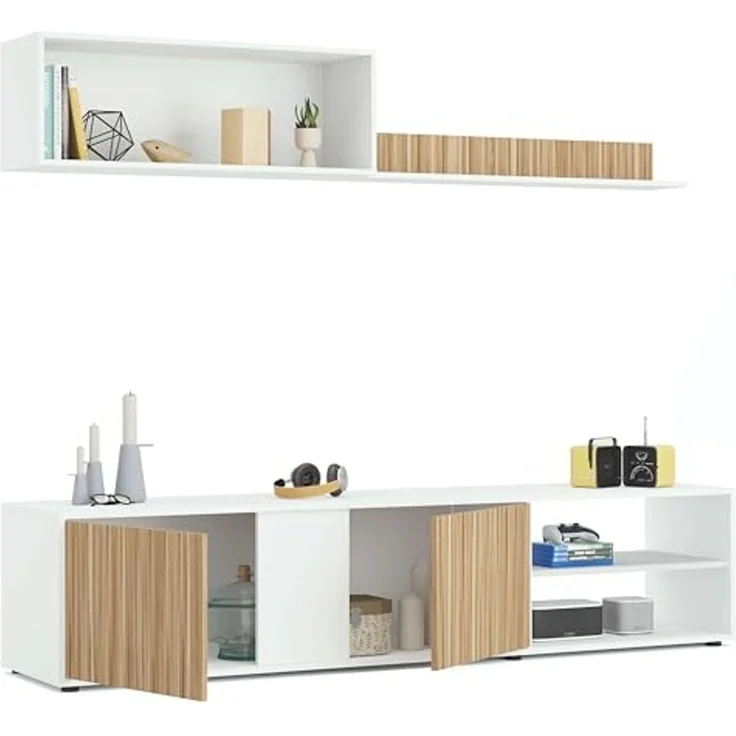 Habitdesign, Wohnzimmermöbel Set, Moderne Wohnwand mit TV-Schrank, Flexibler Montage rechts oder Links, in Artik weiß und Naturholz-Optik, Maße: 180 x 40 x 33 cm (B x H x T), Modell Ecco – Bild 5