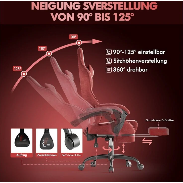 Ferghana Gaming-Stuhl Gaming-Stuhl: Kopfstütze, Lendenkissen, Armlehnen, Fußstütze (Packung), Ergonomischer PC-Stuhl,Rückenlehne 90°-125° – Bild 3