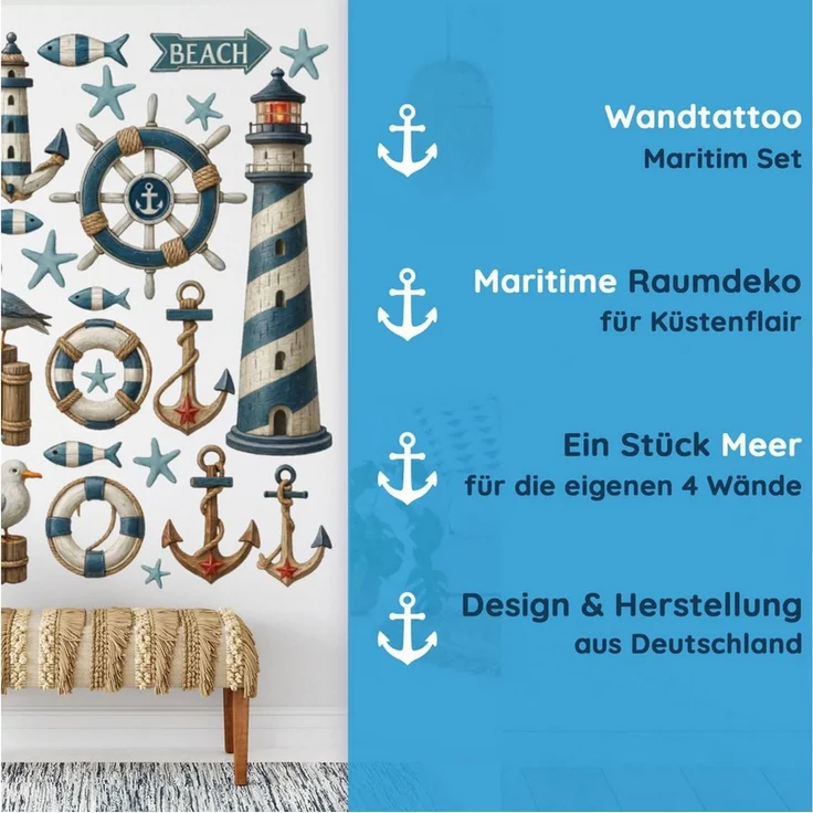 Sunnywall Wandtattoo Aufkleber Maritim Set – Leuchtturm, Möwen, Anker & Seesterne, selbstklebend, konturgeschnitten, rückstandslos entfernbar – Bild 3