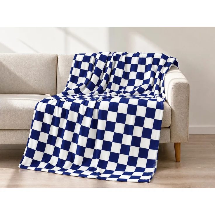 Flanell-Fleecedecke mit Schachbrettmuster für Sofa und Bett Blau-Weiß, 200x230 cm – Bild 2