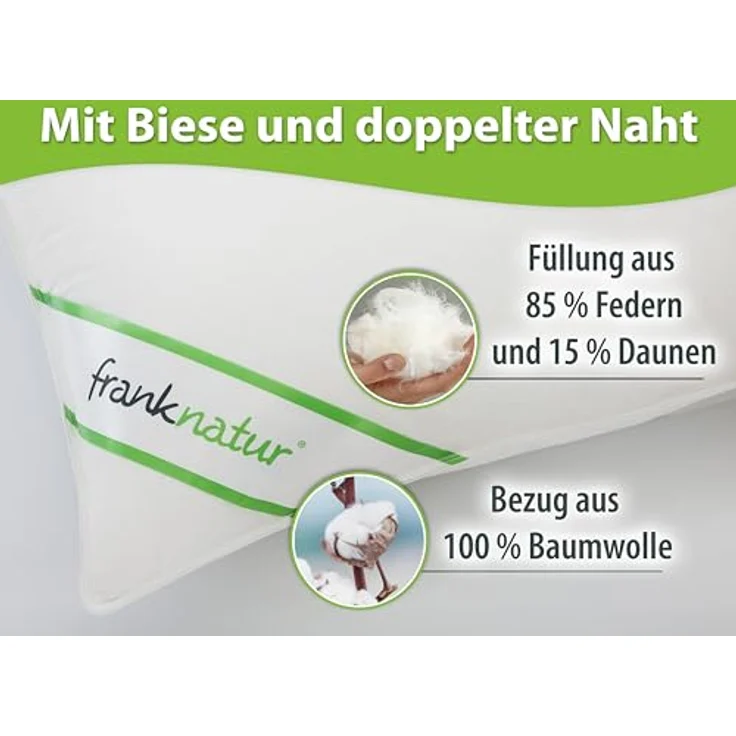 franknatur Gänsefederkopfkissen Svenja, Füllung: 85% Gänsefedern, 15% Gänsedaunen, Bezug: 100% Baumwolle, Kissen mit Gänsedaunen und -federn, allergikergeeignet – Bild 3