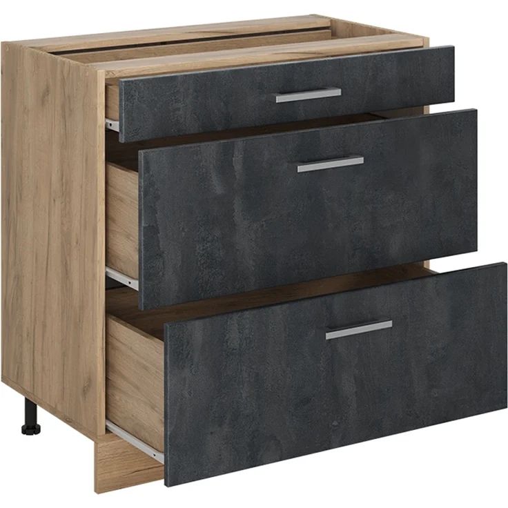 Küchenunterschrank R-Line Schwarz Beton/Goldkraft Eiche 80 cm mit 3 Schubladen Arbeitsplatte Anthrazit Vicco – Bild 3