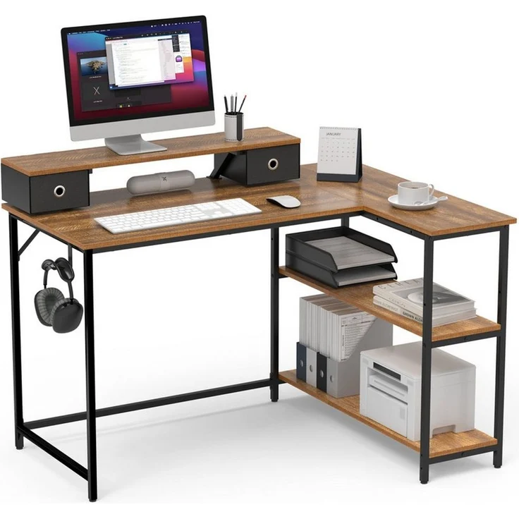 Mondeer Eckschreibtisch L-Förmiger Computertisch, mit 2 Regalen links oder rechts, mit Monitorhalterung, 120x88.5x90 cm – Bild 2