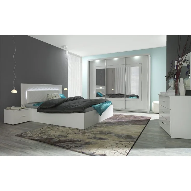 Lukas Möbel Komplettschlafzimmer Schlafzimmer Komplett Panarea in Hochglanz Weiß mit LED, Hochglanz weiß, mit Lattenrost, mit Bettkasten, mit LED