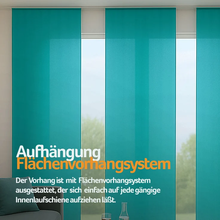 Flächenvorhang mit Klettband, Paneelwagen und Schleuderstab, ( BxL ) 60x245 cm in , blickdichte Schiebegardine mit Klett in vielen Farben Türkis – Bild 7