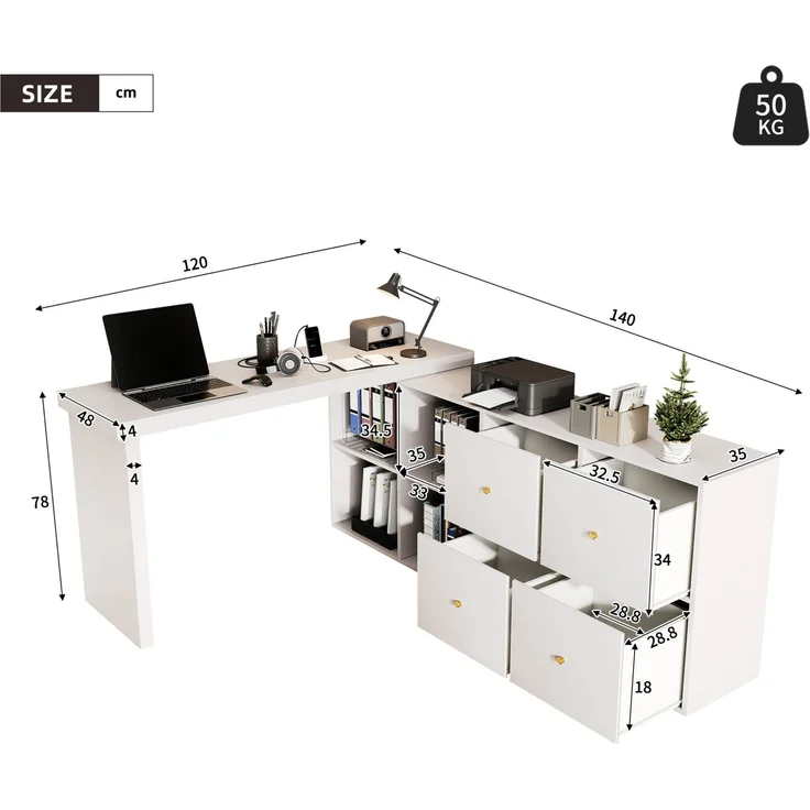 Schreibtisch aus MDF, 360° drehbar mit Stauraum, 120x48x78 cm, Weiß – Bild 5