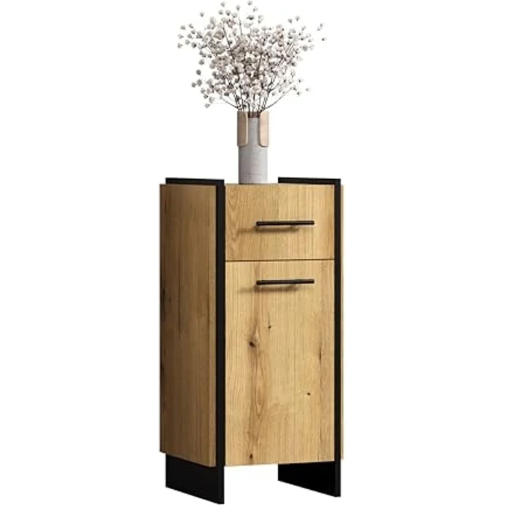 trendteam smart living - Safiya - Kommode - Eiche/Schwarz - Standschrank mit 1 Tür (Türanschlag Links/rechts) 1 Einlegeboden und 1 Schublade - (BxHxT) 37 x 79 x 31 cm - Schubkasten-Vollauszug – Bild 1