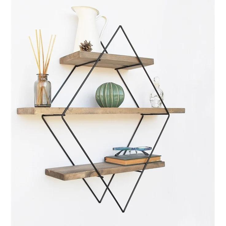 Calicosy Rautenförmiges Wandregal aus schwarzem Metall und Massivholz L60 cm - Holz – Bild 2