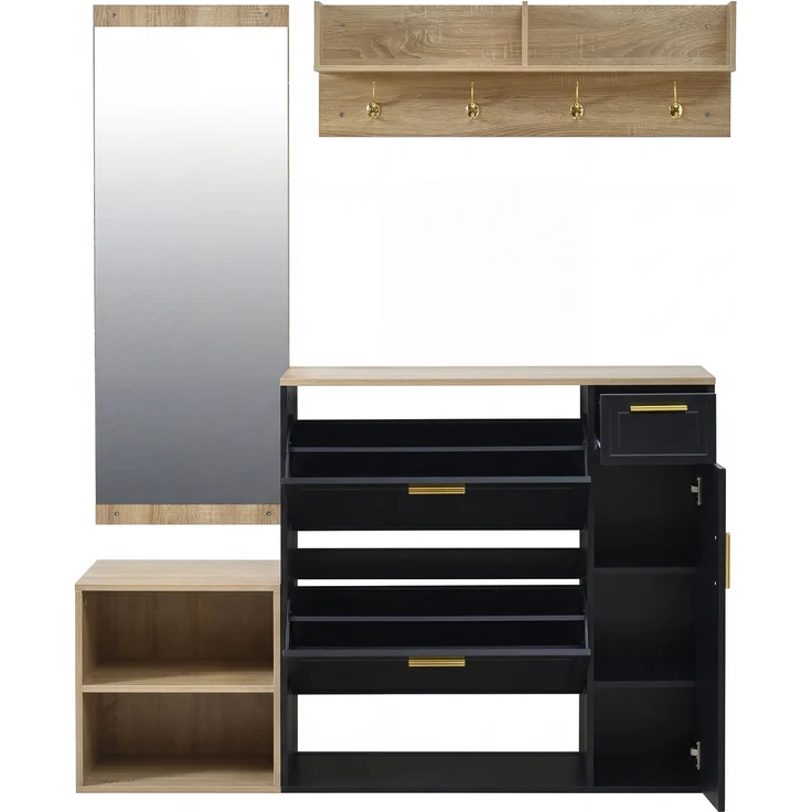 Garderoben-Set 139,5x35x166 cm in Natur/Schwarz mit Schuhschrank, Bank, Paneel, Spiegel – Bild 6