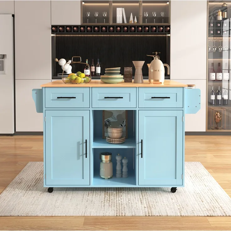 Küchenwagen 139x46(71)x91,5 cm mit klappbarer Tischplatte, Schubladen und Rollen – Blau