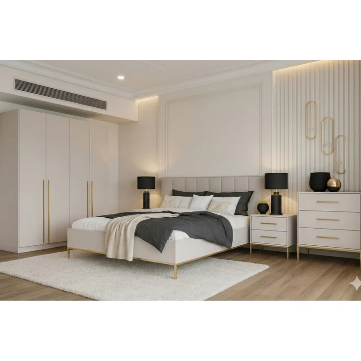 Deine Möbel 24 Komplettschlafzimmer Schlafzimmer-Set B MIRELO in Cashmere, (Set, 5-tlg, goldfarbene Griffe und Füße), mit Bett 160x200 cm, Kleiderschrank 200 cm, Kommode & 2 Nachttischen – Bild 2