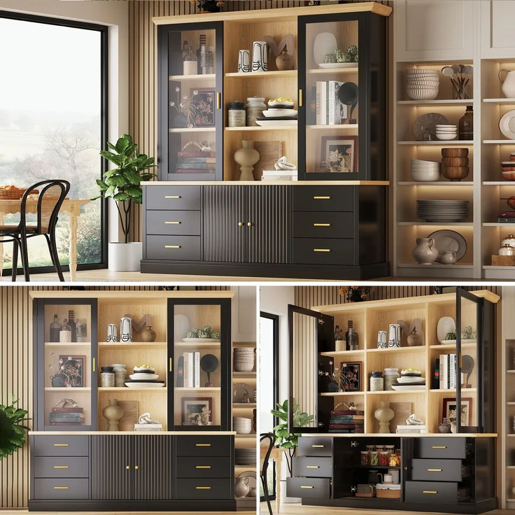 Küchenschrank 140 x 40 x 185 cm aus MDF, schwarz, mit Glastüren und 6 Schubladen – Bild 4
