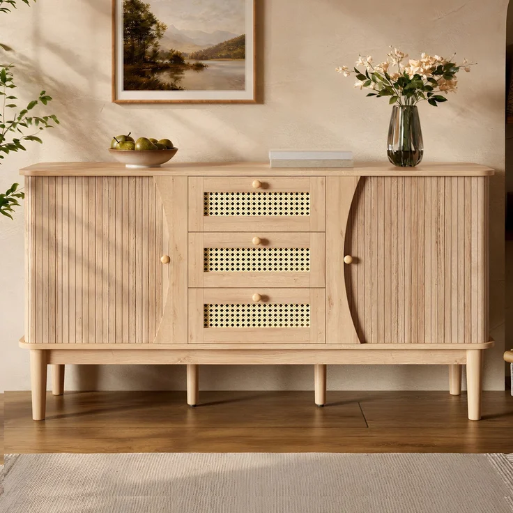 ZUBALIYA Kommode 141x40x77 cm, mit verstellbaren Einlegeböden, aus MDF, Natur – Bild 15