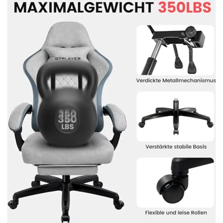 GTPLAYER Gaming Stuhl Stoff, Gaming Sessel mit Taschenfederkissen, ergonomischer Drehstuhl, Gamer Stuhl mit Fußstütze150 kg Belastbarkeit, grau – Bild 10
