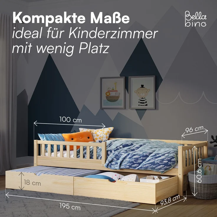 Bellabino 'Vils' Kinderbett 90x200 cm mit Matratze und großer Schublade, natur, Kiefer Massivholz, Montessori Bett mit Stauraum, mit abnehmbarem Rausfallschutz und Lattenrost – Bild 8