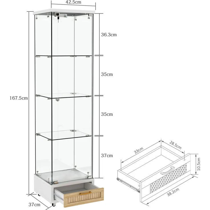 Glasvitrine 42,5x36,5x167 cm in Weiß mit Schubladen und LED-Beleuchtung – Bild 4