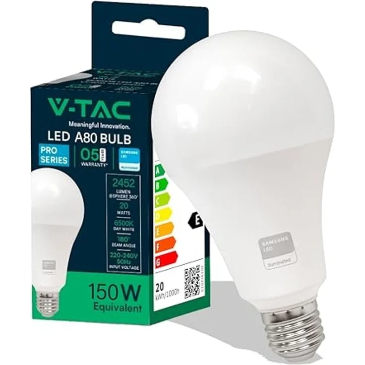V-TAC LED Glühbirne A80 20W (entspricht 150W) - 2452 Lumen - LED Lampe - 6500K Kaltweiß - LED Glühlampe