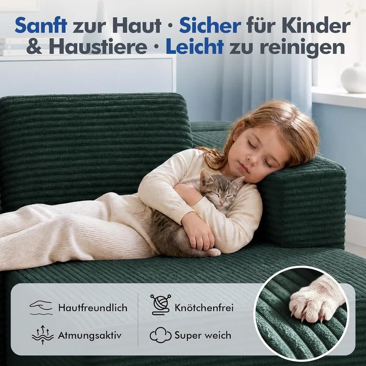COMHOMA Ecksofa mit Schlaffunktion, 255cm Corduroy Modulares Boneless Couch mit Chaiselongue & Rücken-Metallgestell, L-Form Schlafsofa mit offenem Design, Kissen & Seitentaschen,für Wohnzimmer, Grün-L – Bild 12