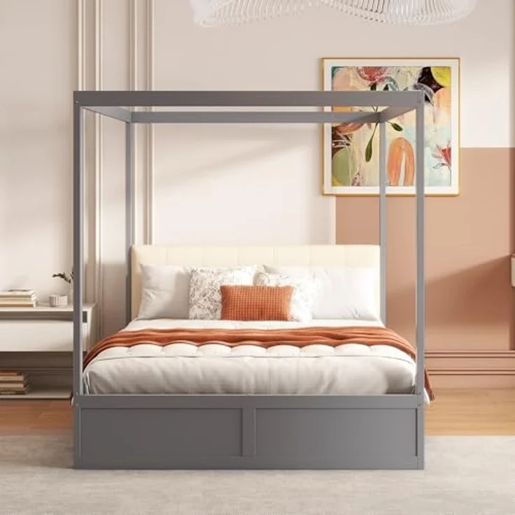 Ball & Cast Himmelbett 140 * 200 cm mit großen Schubladen und weicher Rückenlehne, Holz Bett Grau – Bild 4