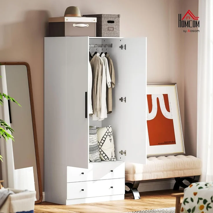 HOMCOM Kleiderschrank 2-türig mit Kleiderstange und 2 Schubladen (Garderobenschrank, 1-St, Mehrzweckschrank) für Schlafzimmer 79 x 43 x 180 cm Weiß – Bild 2