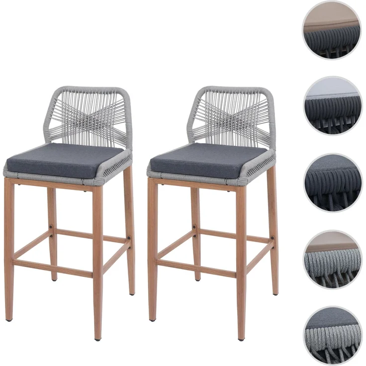 2er-Set Rope-Barhocker HWC-O21, Outdoor Sitzpolster Seilgeflecht Metall Holz-Optik ~ hellgrau, Kissen dunkelgrau – Bild 10