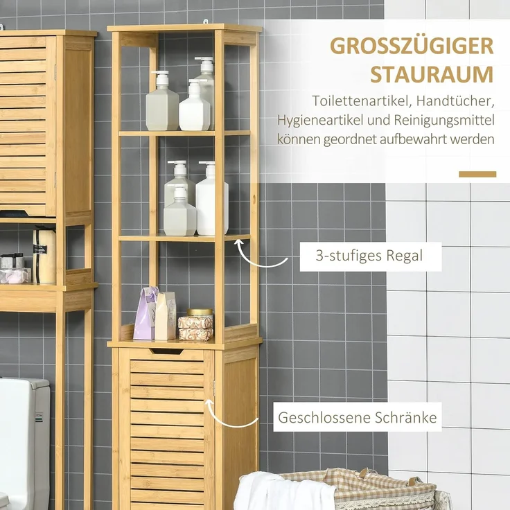 Kleankin Badkommode Badschrank mit 3 offenen Fächer und 1 Schrank (Badmöbel, 1 St, Badezimmerschrank), Natur 34 x 30 x 173 cm – Bild 5