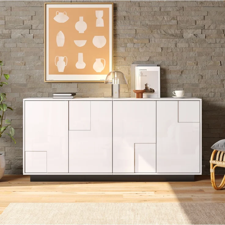 DESVIAE Sideboard mit 4 Türen und Push-to-Open 160x75,5x37 cm Spanplatte Weiß/Schwarz – Bild 2