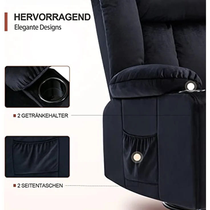 COMHOMA Manueller Drehbarer Relaxsessel für Erwachsene mit Verstellbarer Rückenlehne und Fußstütze, 360° Lounge Sessel für Wohnzimmer, Weicher Stoff, Ergonomisch, Schwarz – Bild 7
