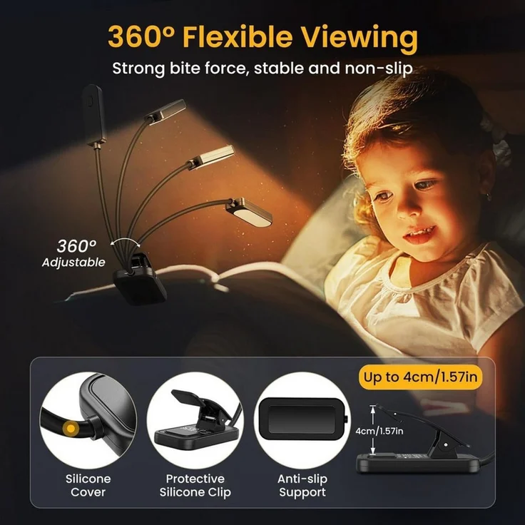 Luckice LED Leselampe mit 3 Farbtemperatur Modi 5 Helligkeitsstufen, 360° Flexibel Leselicht für Nachtlesen ins Bett 80H lange Akkulaufzeit, Dauerbeleuchtung 24LED augenschonende Leuchtmittel – Bild 3