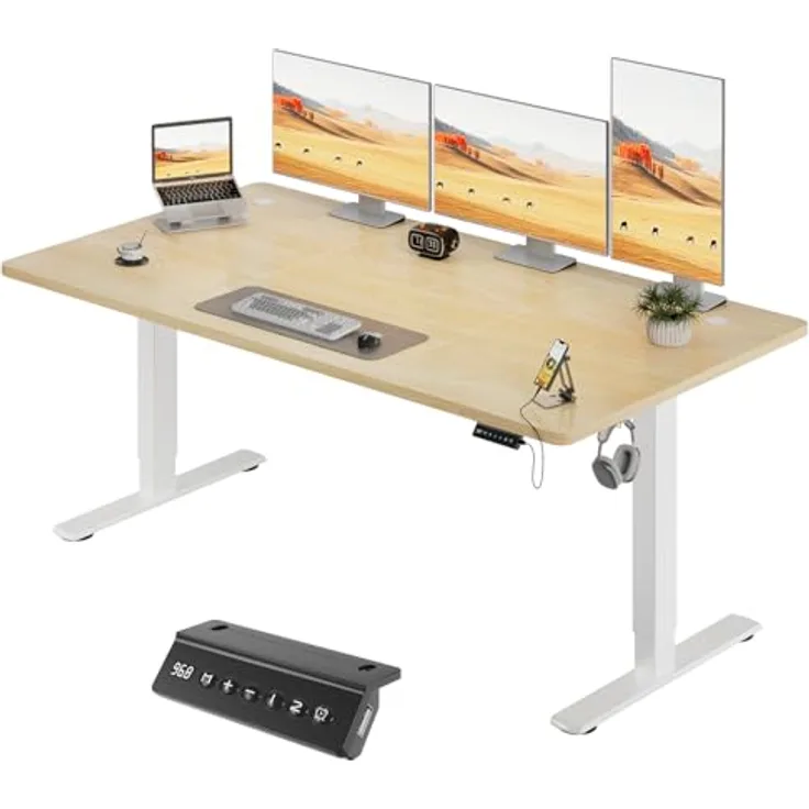 JUMMICO Höhenverstellbarer Elektrischer Schreibtisch 180x80 cm mit USB Ladeanschluss, Schreibtisch Höhenverstellbar, Ergonomischer Steh-Sitz Tisch Beige