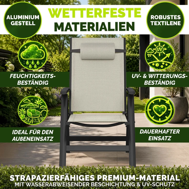 tillvex Gartenstuhl Premium 4 Stück Beige klappbar aus Aluminium | Hochlehner mit Armlehnen | Klappstuhl verstellbar | Klappsessel Balkon Garten Terrasse – Bild 8