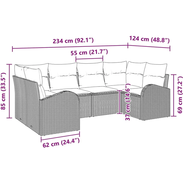 vidaXL Gartensofa-set mit Kissen 6 pcs Braun Poly Rattan 3346184 – Bild 11