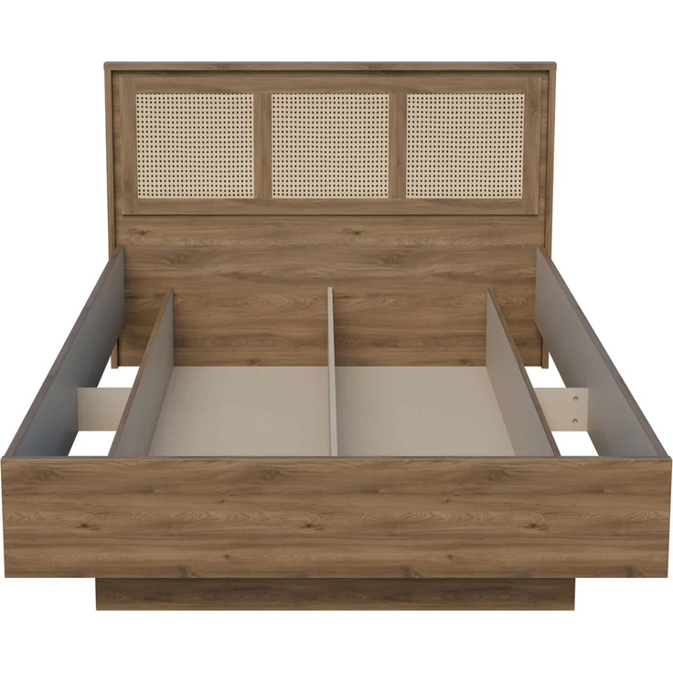 Forte GLENKEEN Bett, Liegefläche 140 x 200 cm, Bettgestell im Bohostil mit Rattangeflecht, Stauraum, Valencia Eiche Holzdekor | Naturrattan, 149,9 cm breit x 105,5 cm hoch x 204,9 cm tief – Bild 2
