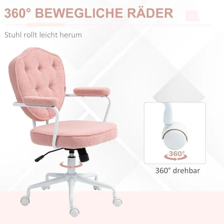 HOMCOM Bürostuhl Ergonomisch Schreibtischstuhl mit Wippfunktion, geknöpftem Bezug (Computerstuhl, 1 St), für Home Office, Teddybärvlies, Rosa – Bild 6