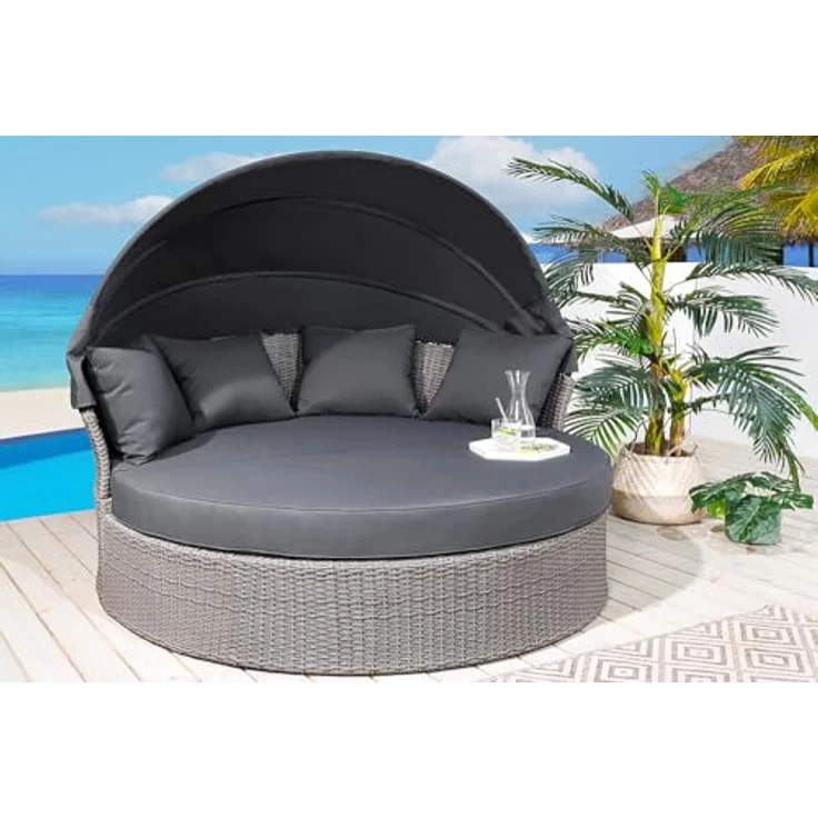 riess-ambiente Sonneninsel PLAYA LIVING 165cm grau / anthrazit · Polyrattan · Aluminium, Einzelartikel 1 Teile, Gartenlounge · einfahrbares Fußteil · klappbares Dach · mit Kissen – Bild 3